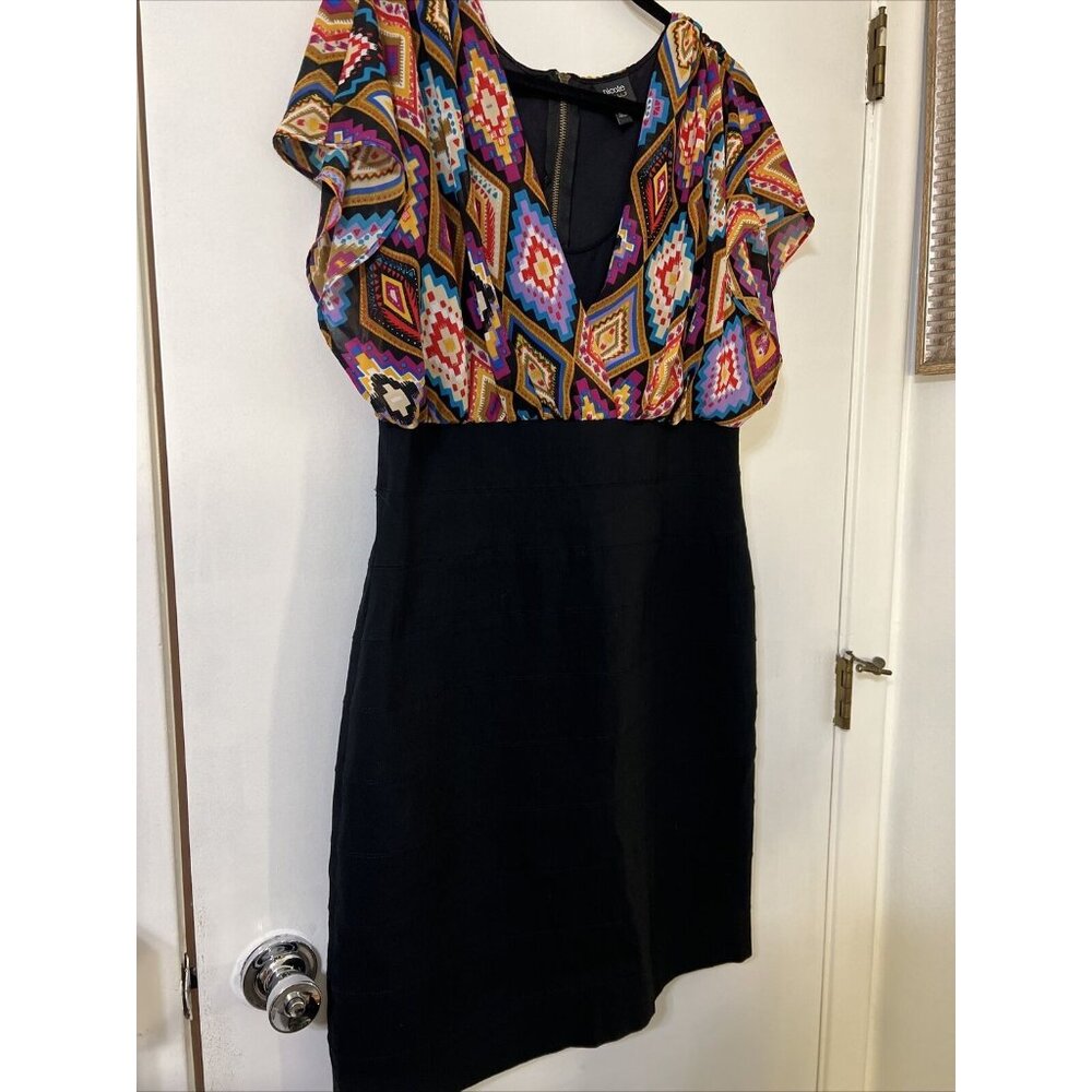 Nicole Miller 16 Multicolor Bodice A-Line Dress Black Bandage Skirt Zip Up